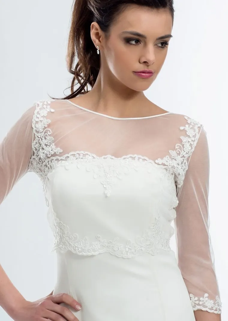 ---Elegant tulle and lace bridal jacket with three quarter sleeves cheap price button zipper closure.--