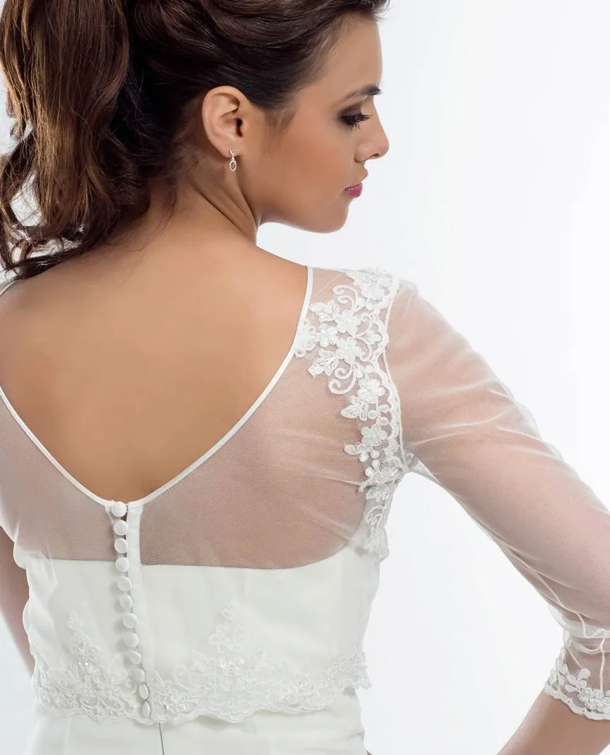 ---Elegant tulle and lace bridal jacket with three quarter sleeves cheap price button zipper closure.--