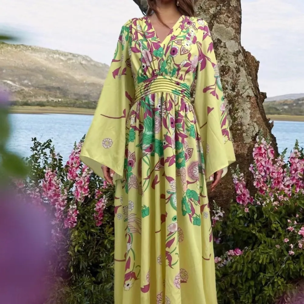 2023 Nuovo abito con scollo a V alla moda autunnale Gonna lunga snellente in vita a maniche lunghe stampata elegante retrò