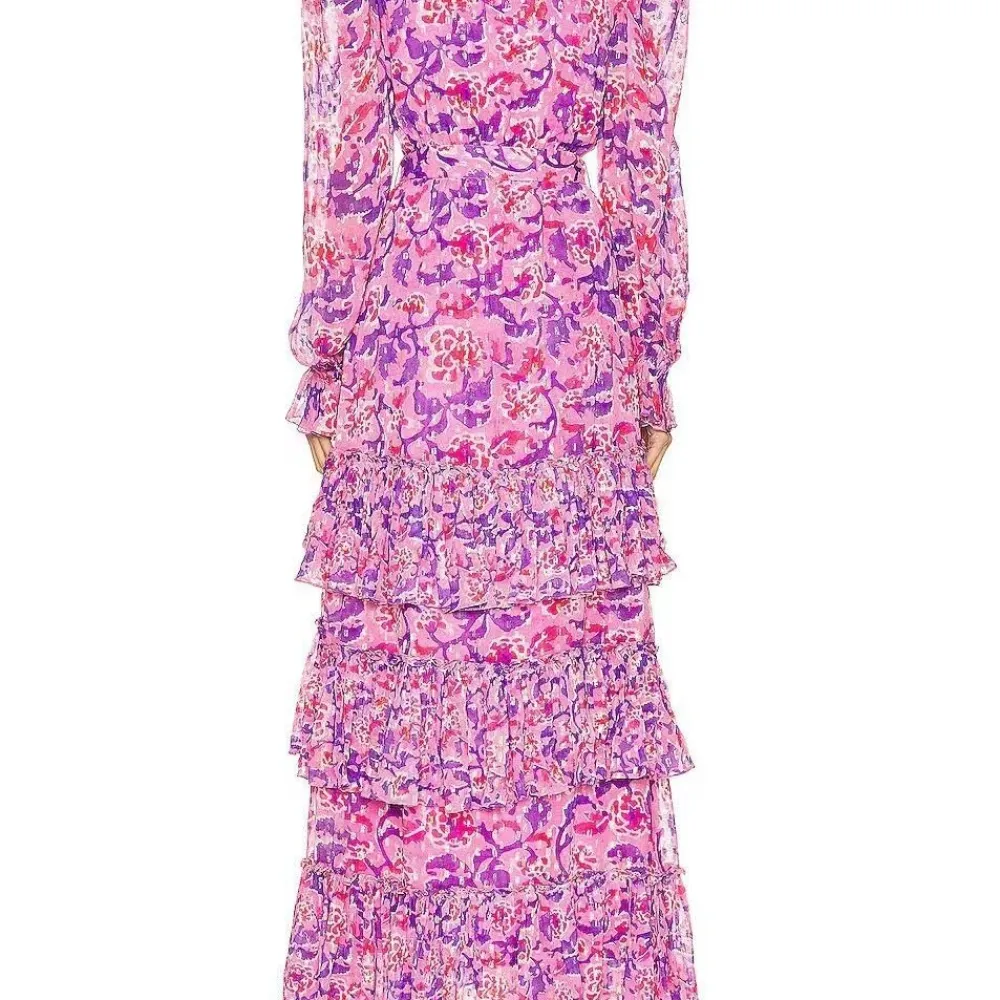 2023 Nuovo stile autunnale con scollo a V monopetto con cintura in vita maniche a lanterna stampa floreale gonna lunga patchwork