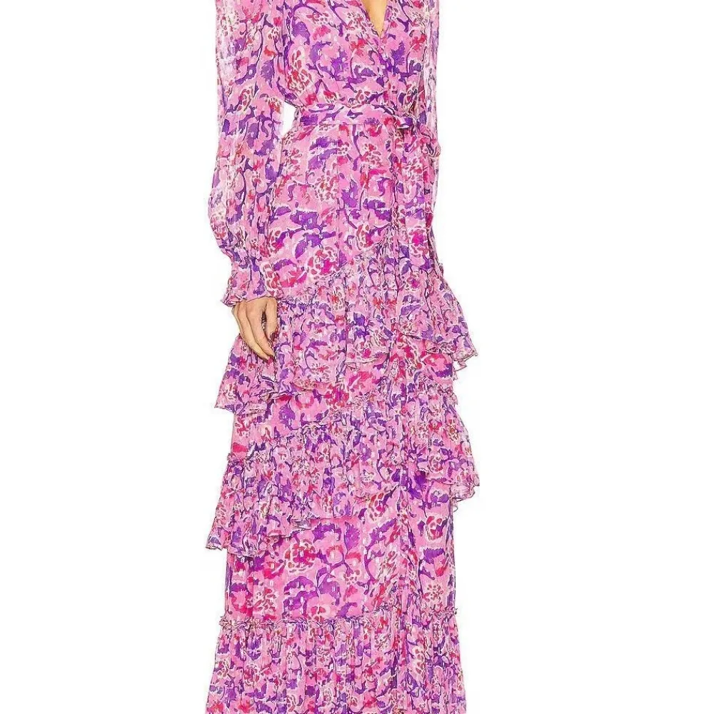 2023 Nuovo stile autunnale con scollo a V monopetto con cintura in vita maniche a lanterna stampa floreale gonna lunga patchwork