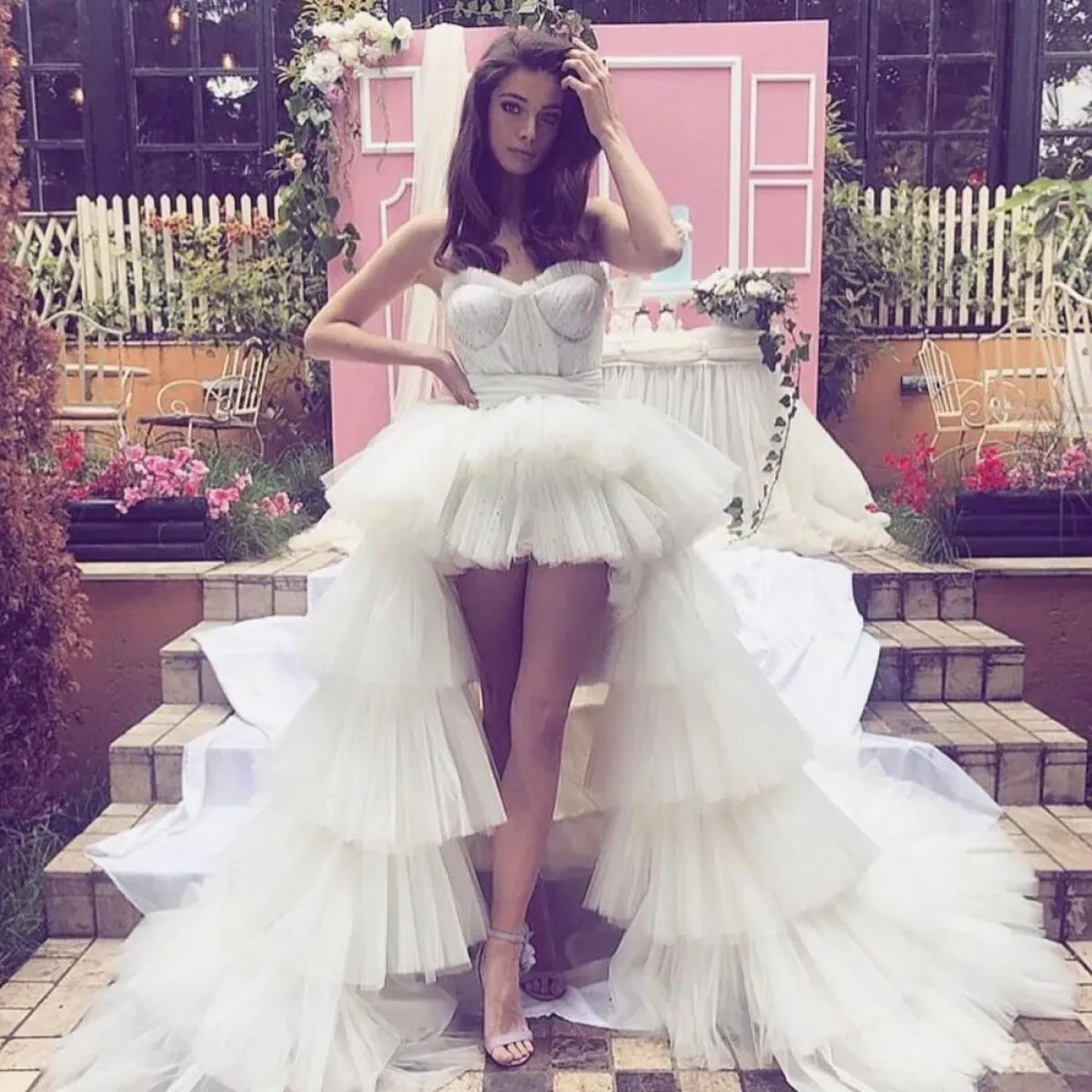 Abiti da ballo eleganti alti e bassi Abiti da cocktail in tulle Abito formale Scollo a cuore Increspato Abiti per occasioni spec