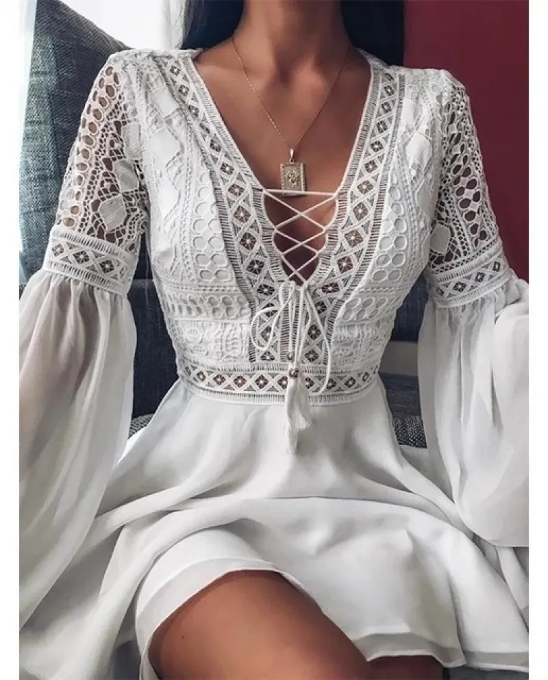 Abiti da fata Cutubly Manica lunga con scollo a barchetta Gonna corta con fiori Abiti estivi Lady Elegante scollo a V in chiffon