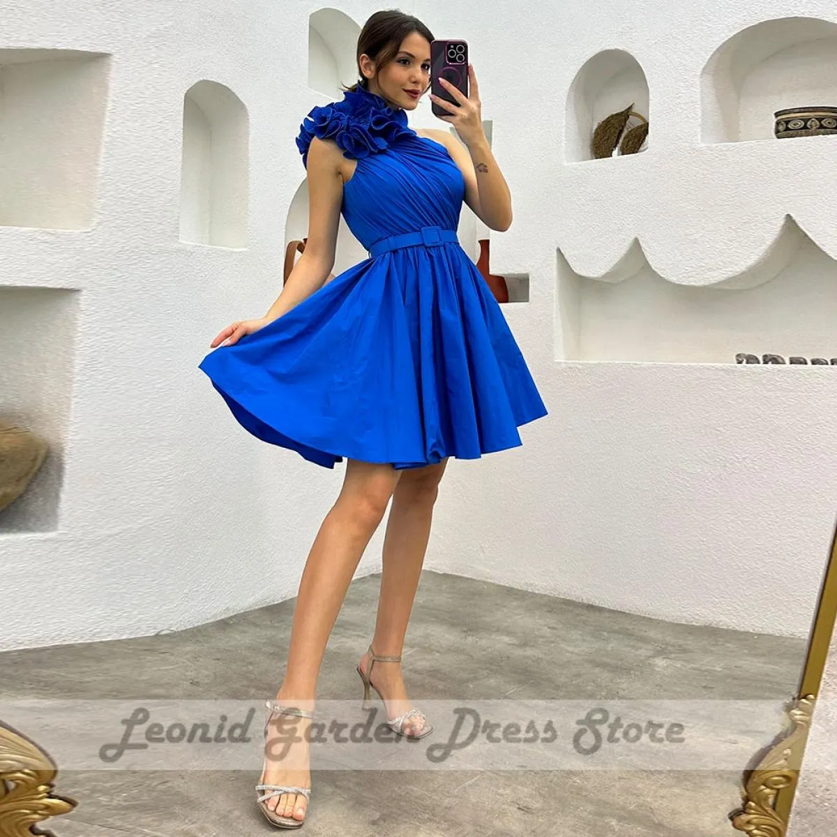 Abiti da sera blu per donna Una linea monospalla con cintura Abiti da festa sopra il ginocchio Cerniera posteriore 2023 Nuovo