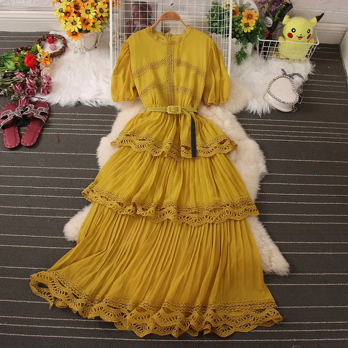 Abito elegante per le donne Vintage pizzo cascata volant Maxi Vestido manica a sbuffo O collo chiffon femminile gonna grande ves