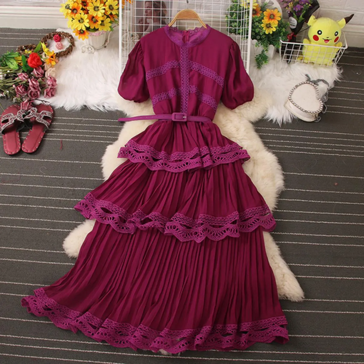 Abito elegante per le donne Vintage pizzo cascata volant Maxi Vestido manica a sbuffo O collo chiffon femminile gonna grande ves