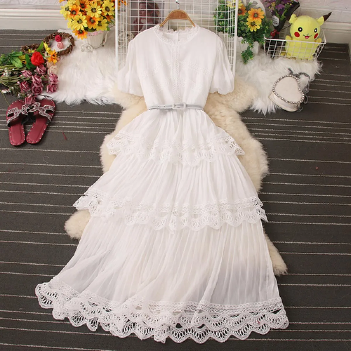 Abito elegante per le donne Vintage pizzo cascata volant Maxi Vestido manica a sbuffo O collo chiffon femminile gonna grande ves