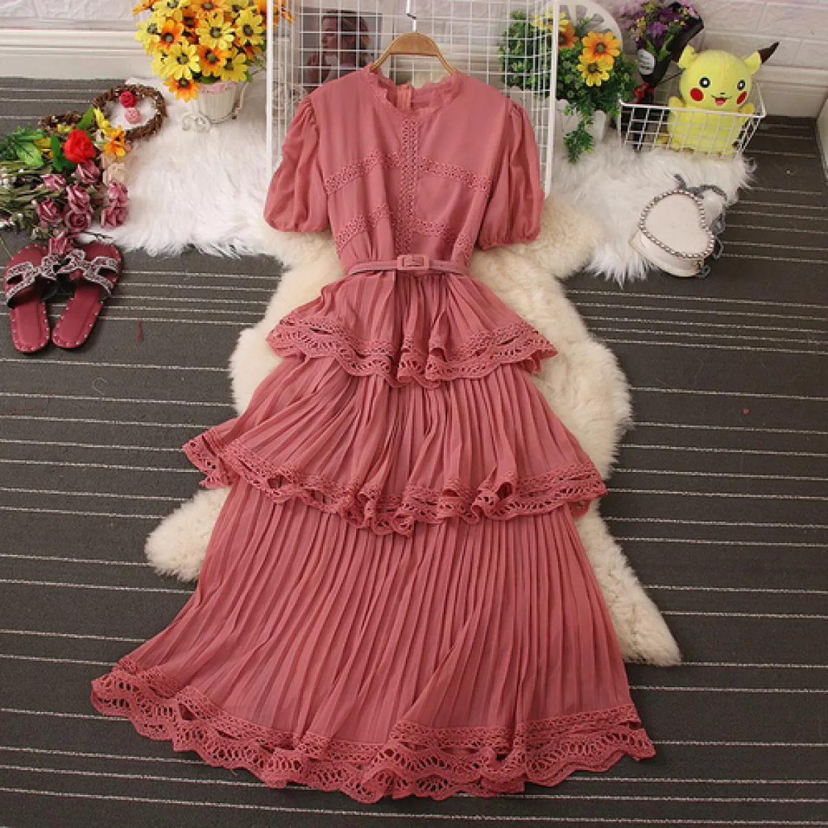 Abito elegante per le donne Vintage pizzo cascata volant Maxi Vestido manica a sbuffo O collo chiffon femminile gonna grande ves