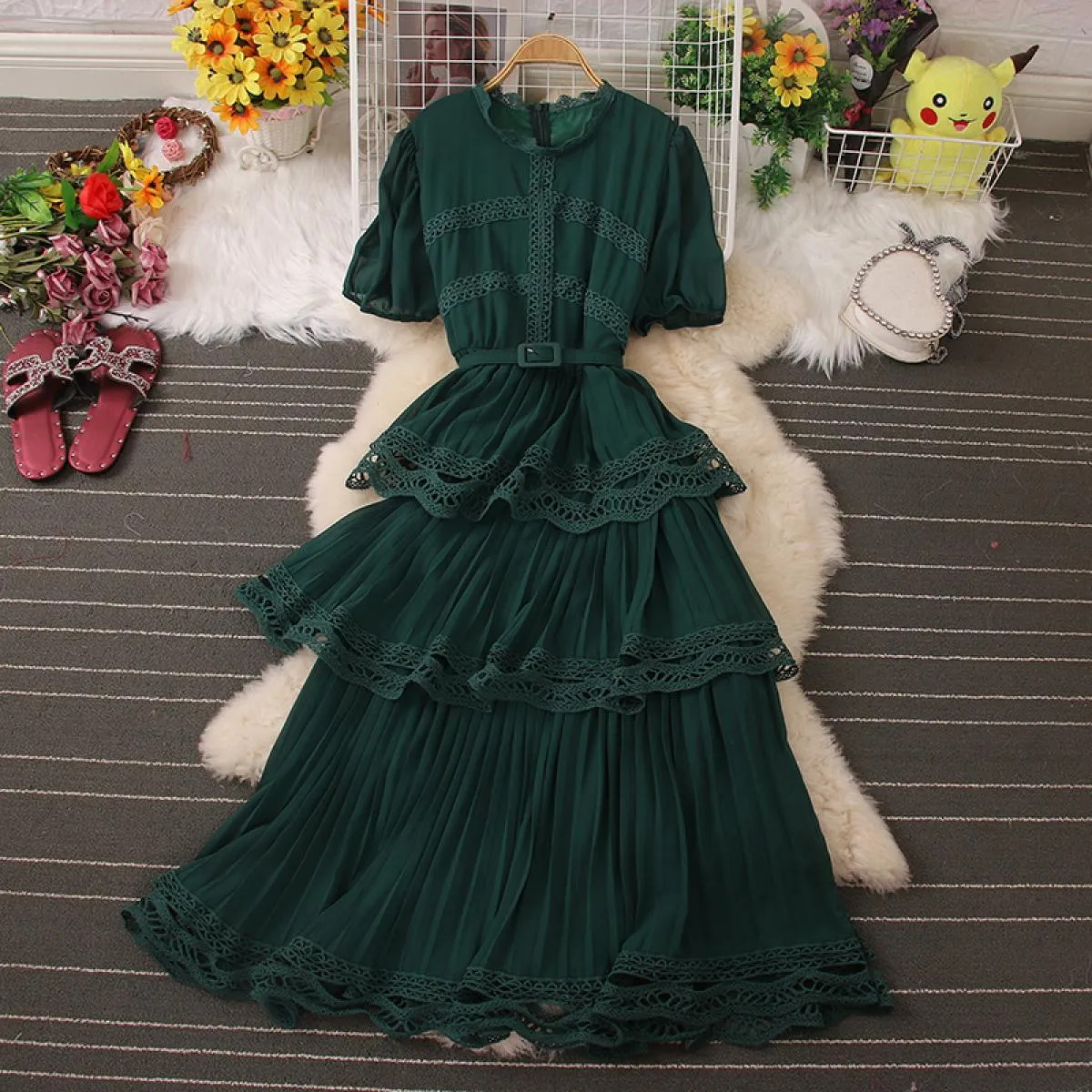 Abito elegante per le donne Vintage pizzo cascata volant Maxi Vestido manica a sbuffo O collo chiffon femminile gonna grande ves