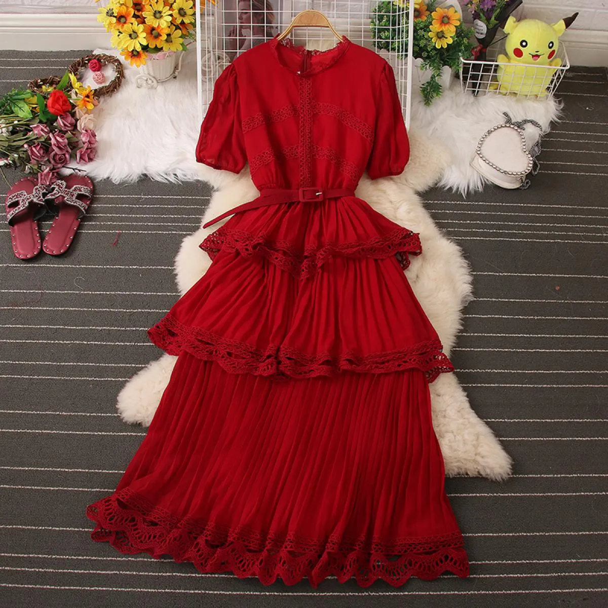 Abito elegante per le donne Vintage pizzo cascata volant Maxi Vestido manica a sbuffo O collo chiffon femminile gonna grande ves