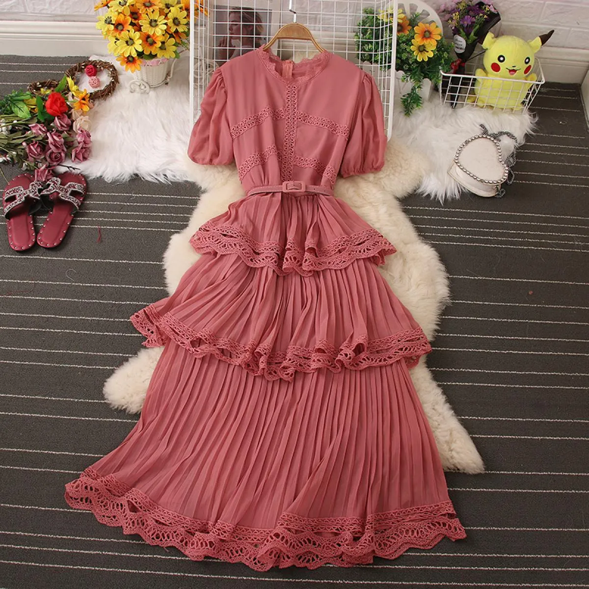 Abito elegante per le donne Vintage pizzo cascata volant Maxi Vestido manica a sbuffo O collo chiffon femminile gonna grande ves