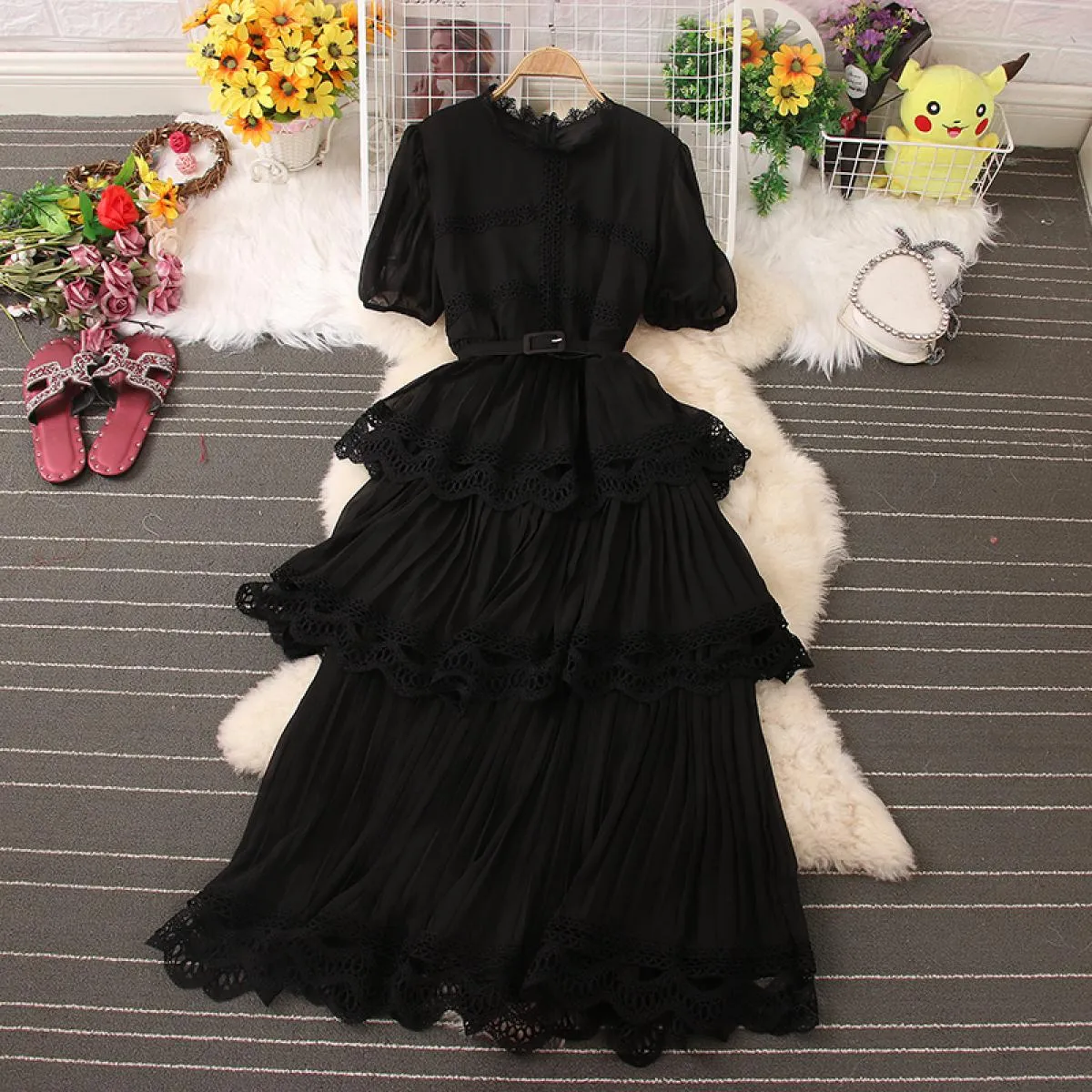 Abito elegante per le donne Vintage pizzo cascata volant Maxi Vestido manica a sbuffo O collo chiffon femminile gonna grande ves