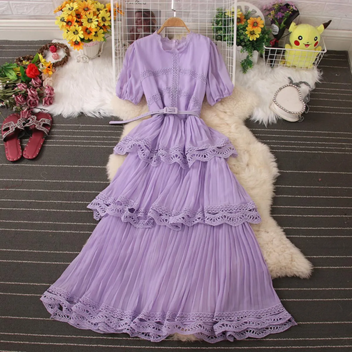Abito elegante per le donne Vintage pizzo cascata volant Maxi Vestido manica a sbuffo O collo chiffon femminile gonna grande ves