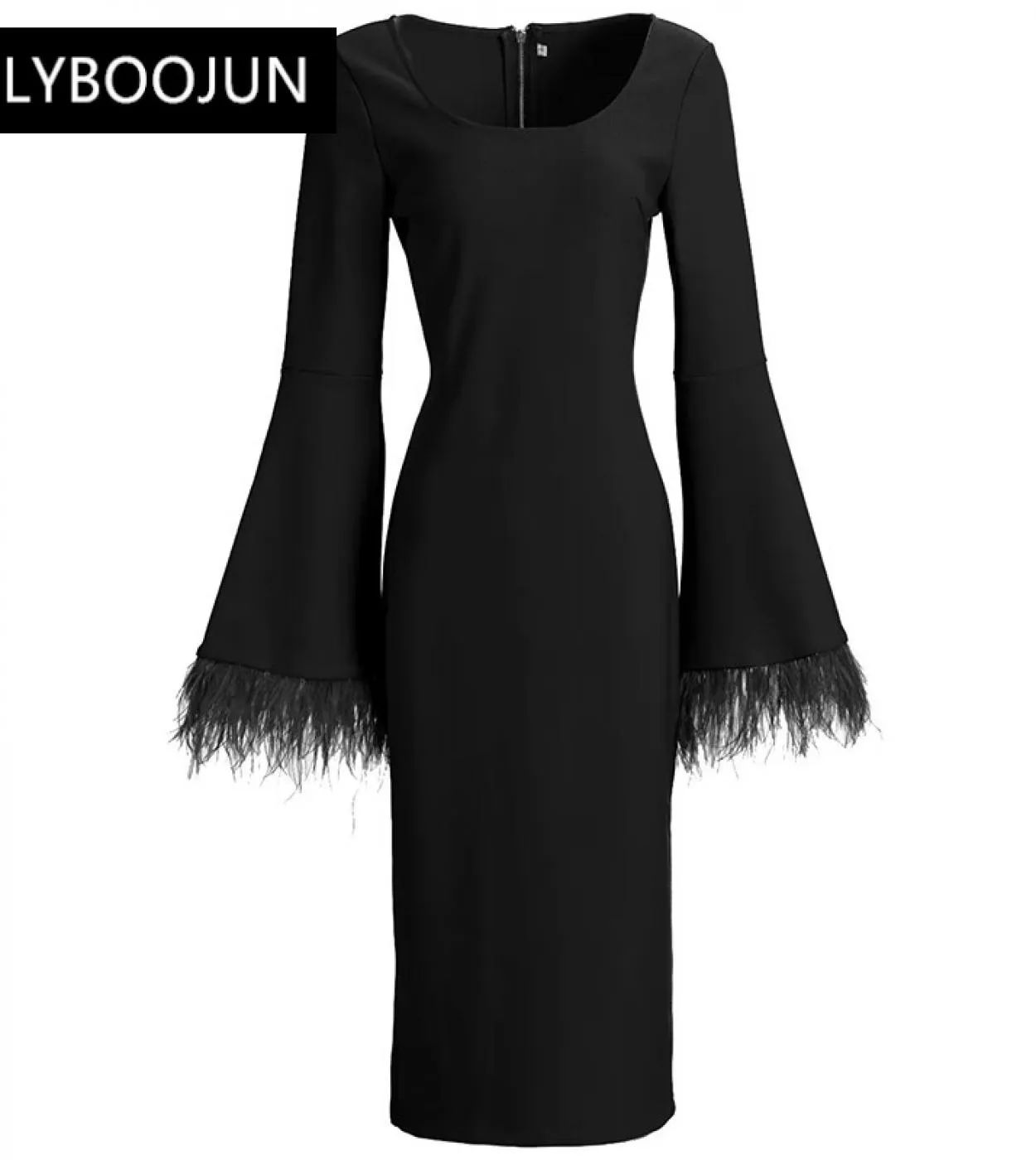 Abito firmato da passerella Abito da donna in autunno Colletto quadrato Manica svasata Nappa Slim Balck Midi Abiti a matita Abit