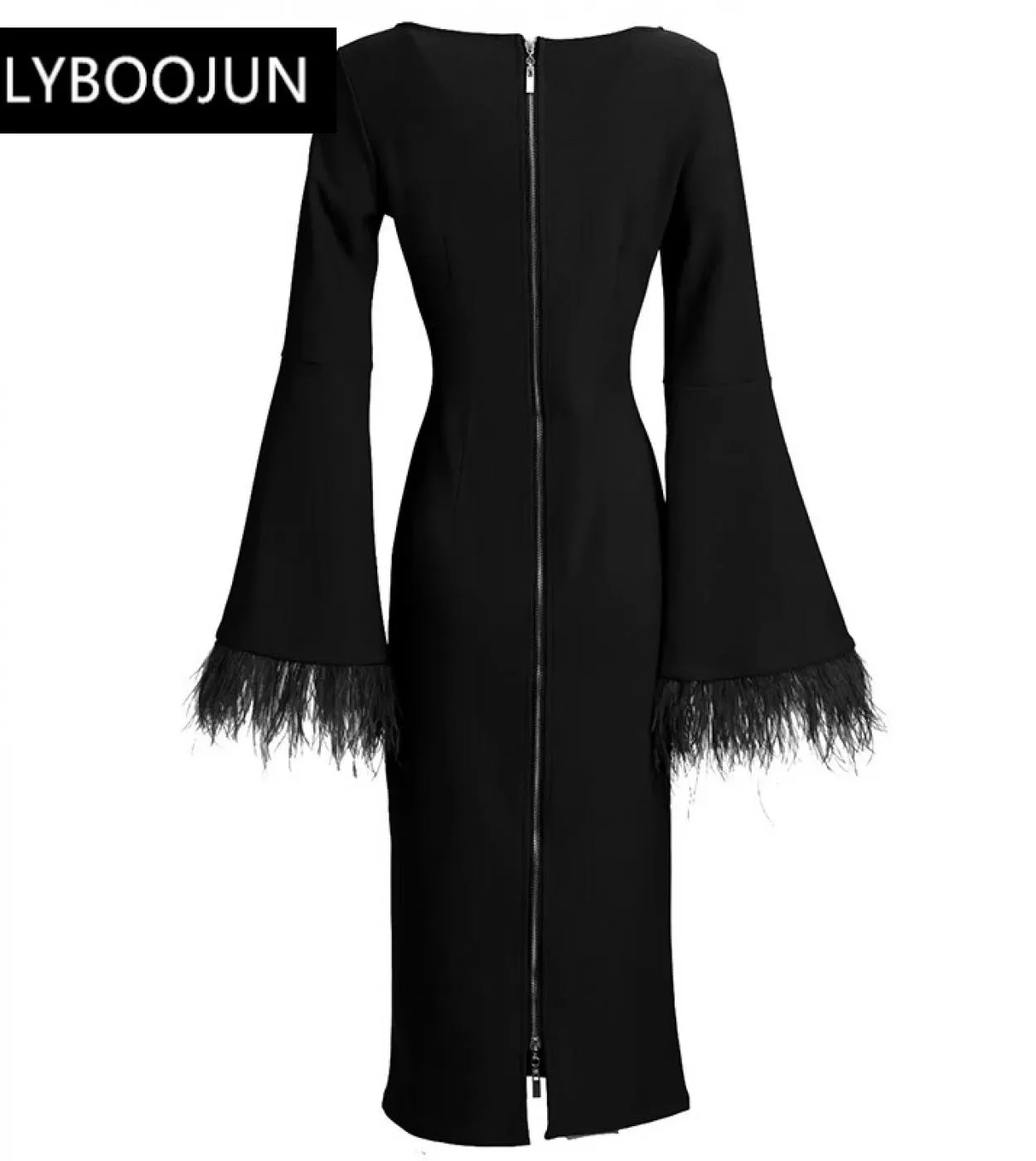 Abito firmato da passerella Abito da donna in autunno Colletto quadrato Manica svasata Nappa Slim Balck Midi Abiti a matita Abit