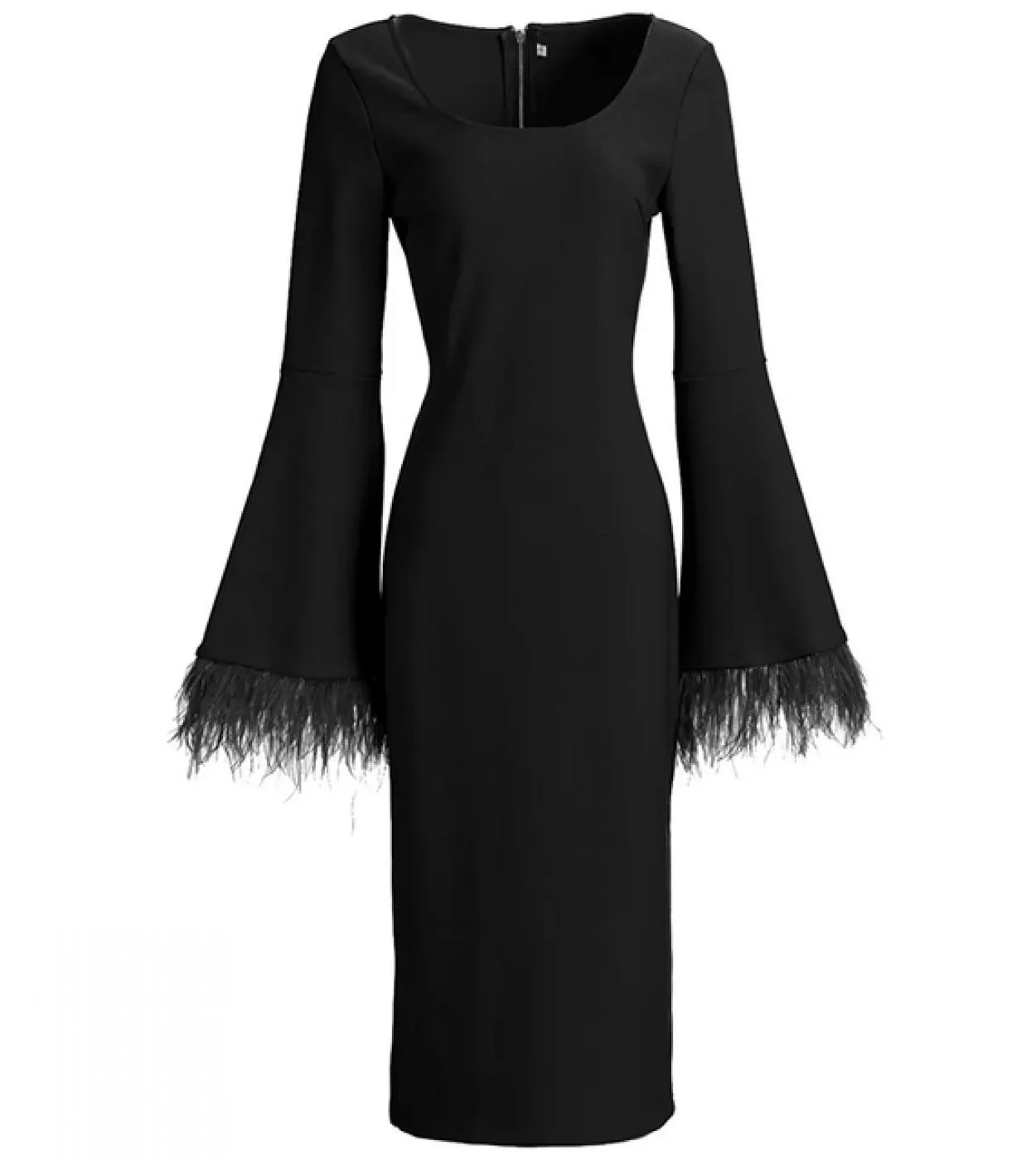 Abito firmato da passerella Abito da donna in autunno Colletto quadrato Manica svasata Nappa Slim Balck Midi Abiti a matita Abit