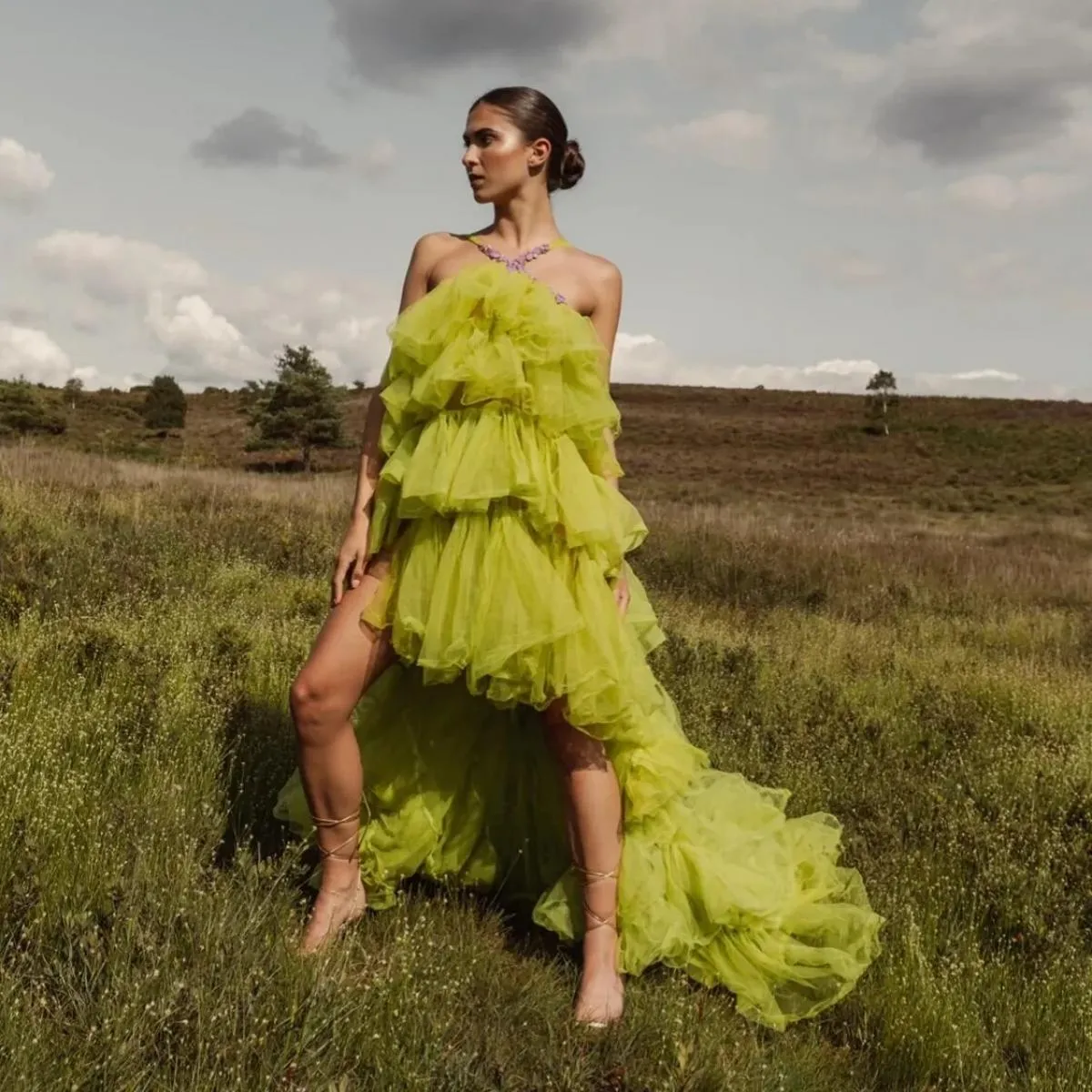 Abito in tulle a strati di moda Abiti da festa alti e bassi da ballo Abiti da sera in tulle con volant gonfi e arruffati Fotogra