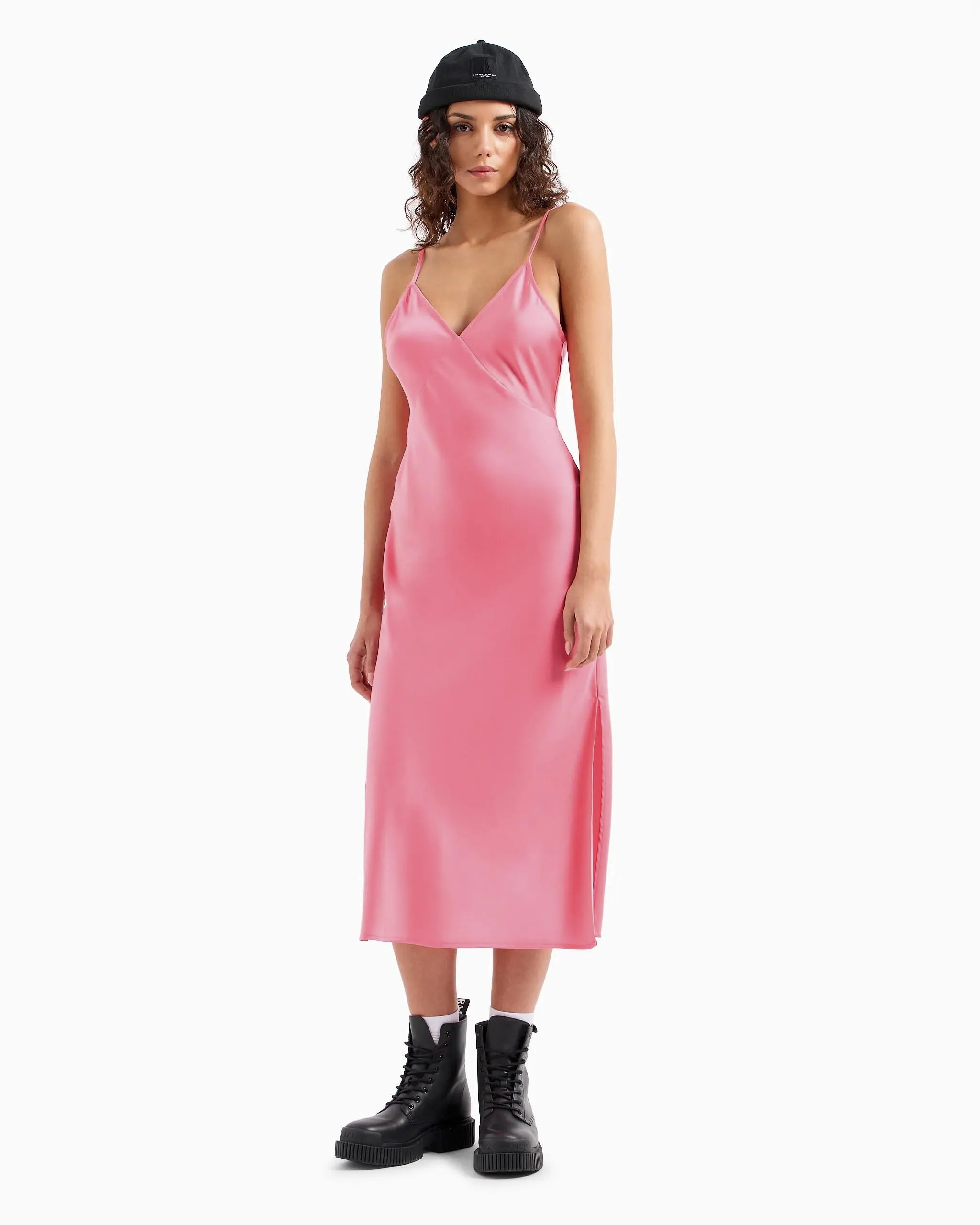 Abito midi rosa bubble lingerie in tessuto effetto raso con spalline sottili