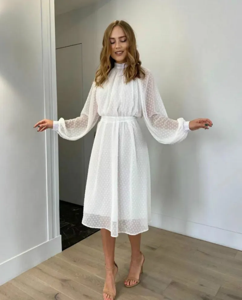 Alla moda elegante francese solido bianco nero temperamento manica a lanterna chiusura in vita gonna sottile abiti da donna duf