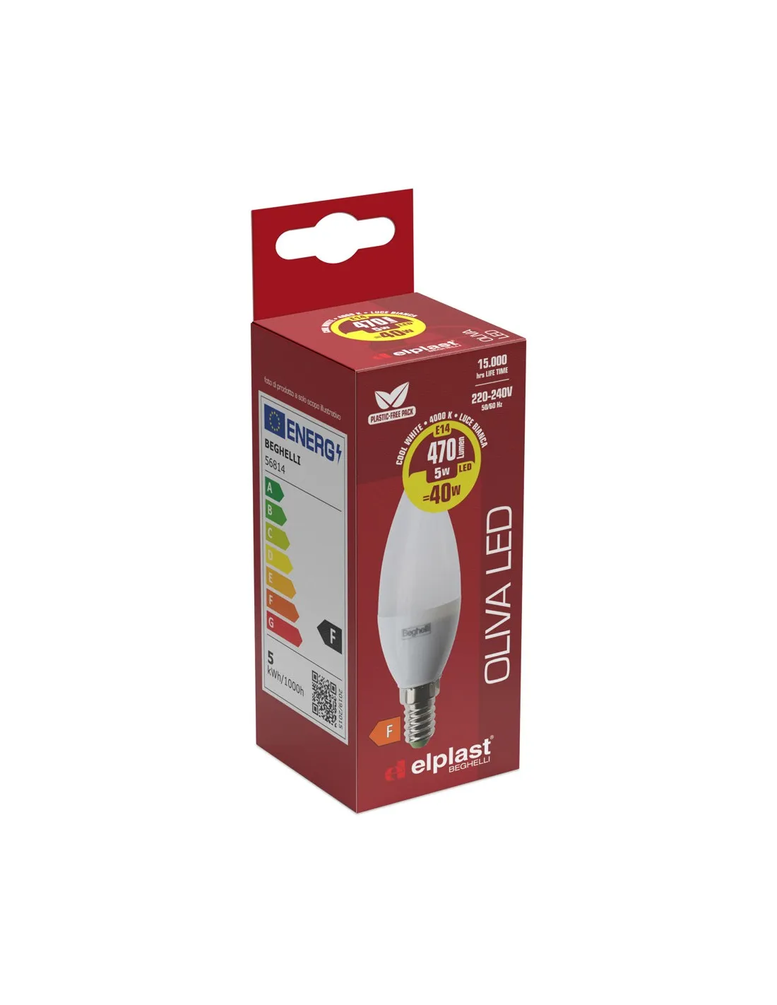 Beghelli Elplast 56814 Lampada LED 5W E14, Luce Naturale, 4000K, Resa 40W, 470 Lumen, Oliva, Apertura luce 240°