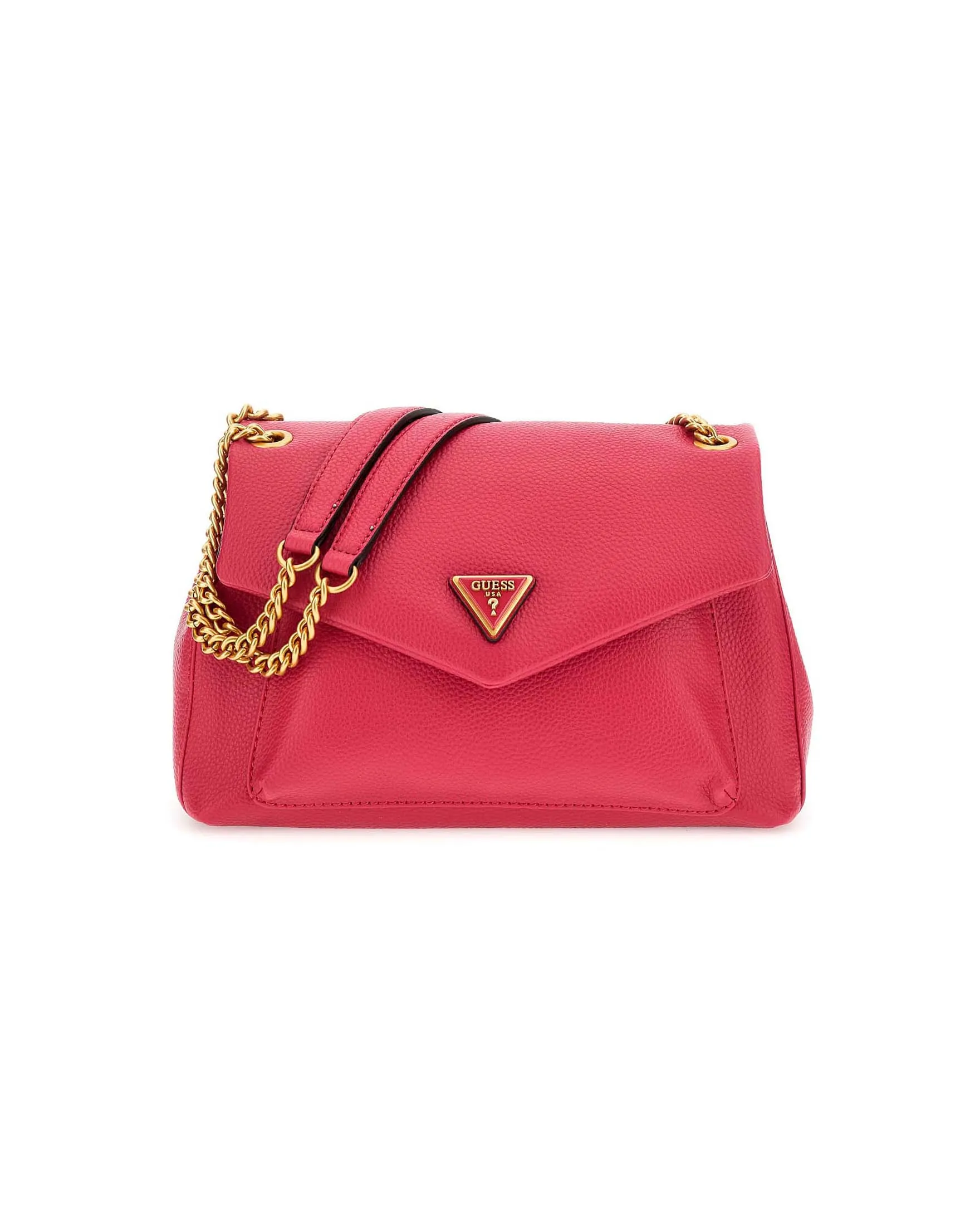 Borsa fucsia a doppio scomparto con patta in similpelle martellata con placca logo e tracolla scorrevole