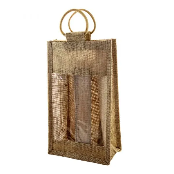 Borsina Portabottiglie Doppia in Juta con finestra trasparente e Manici in Rattan – H 32 cm