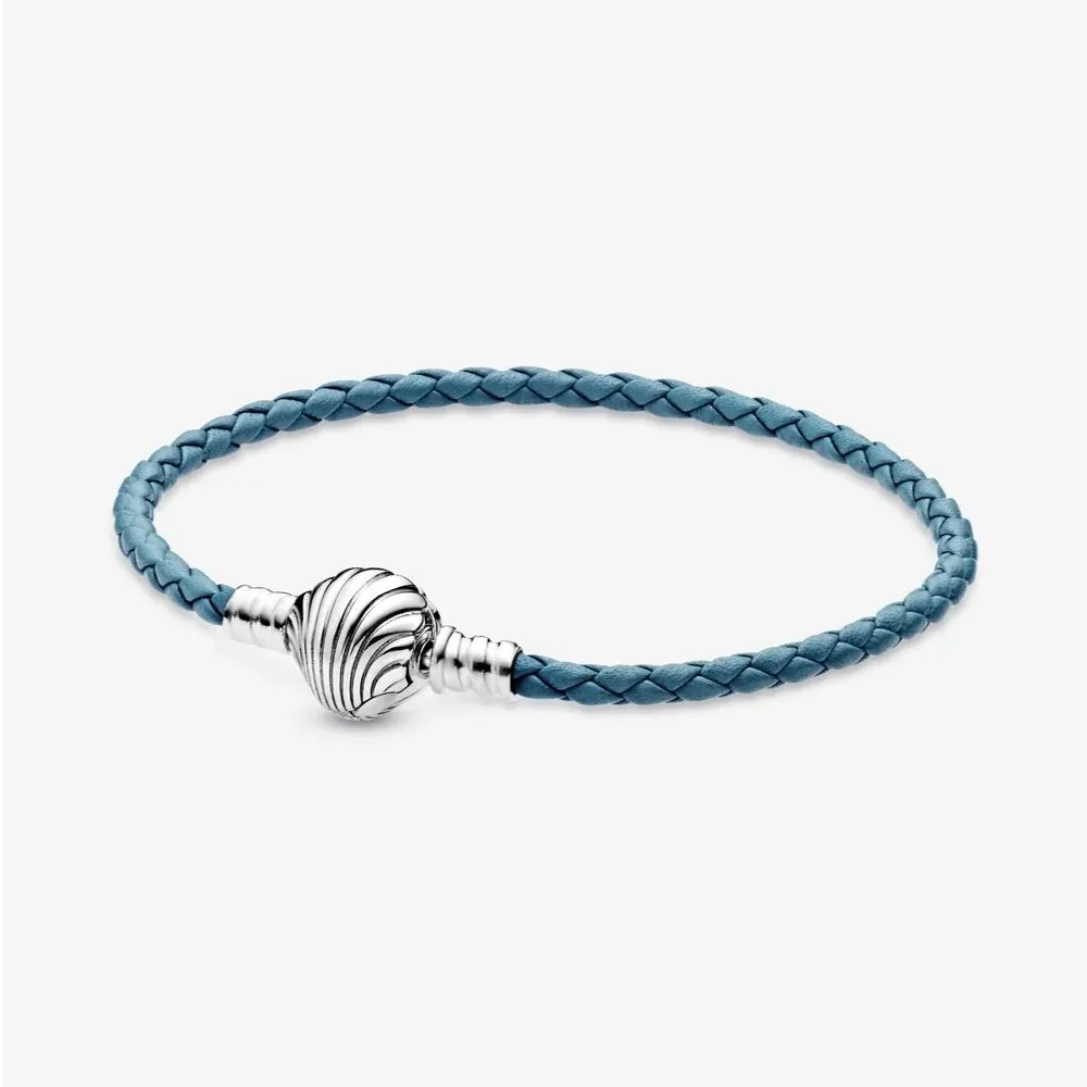Bracciale Pandora Moments in Pelle Intrecciato Turchese con Chiusura a Conchiglia 598951C01