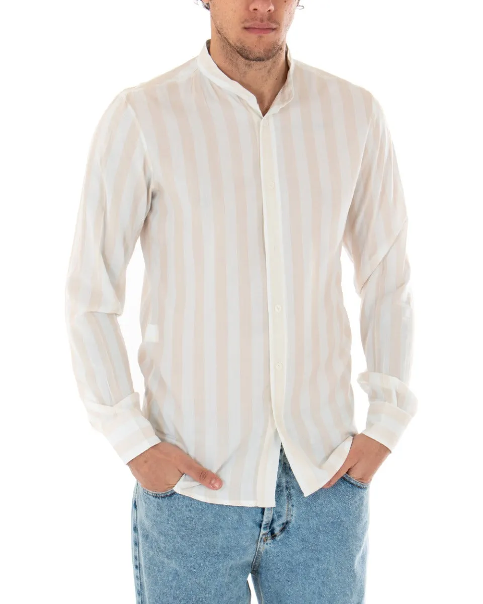 Camicia Uomo Collo Coreano Manica Lunga Viscosa Fantasia a Righe Beige GIOSAL-C1919A
