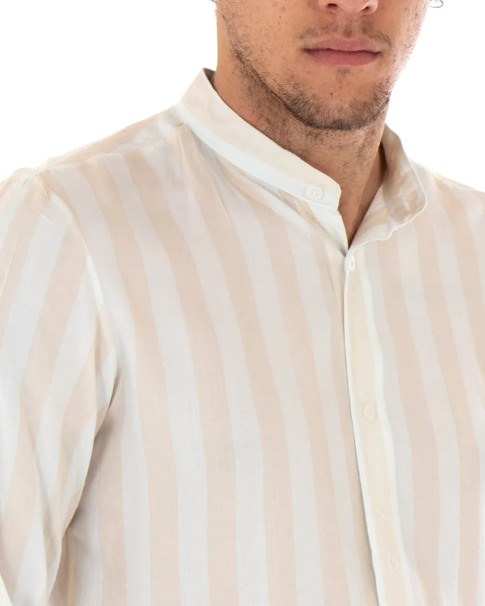 Camicia Uomo Collo Coreano Manica Lunga Viscosa Fantasia a Righe Beige GIOSAL-C1919A