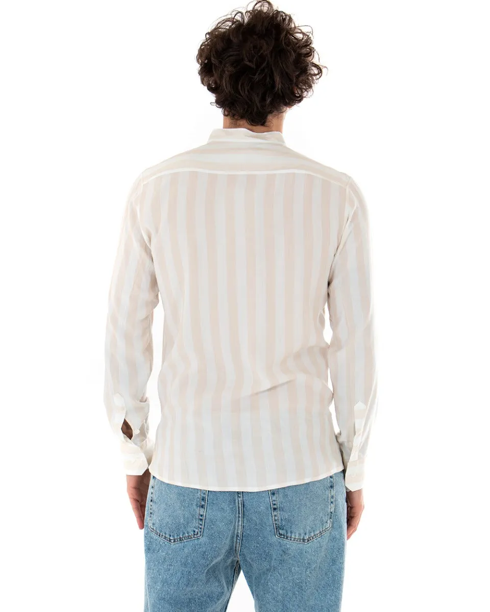 Camicia Uomo Collo Coreano Manica Lunga Viscosa Fantasia a Righe Beige GIOSAL-C1919A