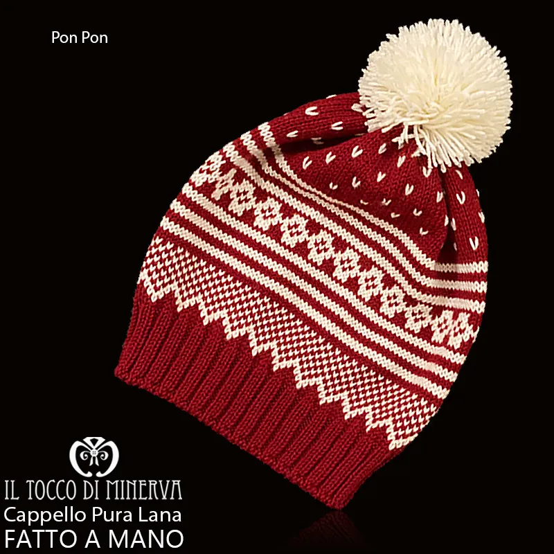 Cappello pura lana Pon Pon bianco bordeaux - Fatto a Mano