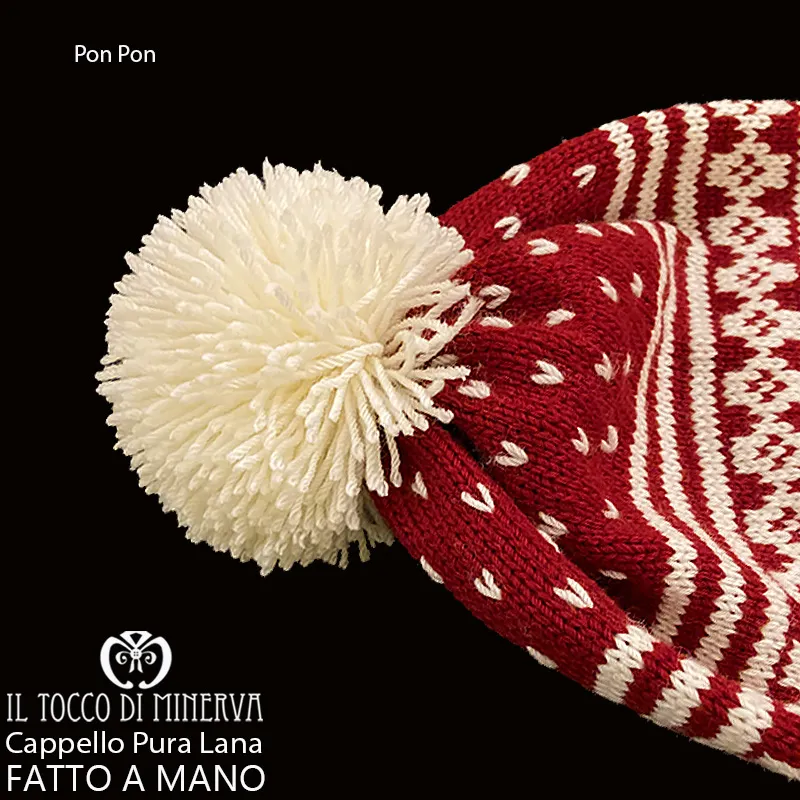 Cappello pura lana Pon Pon bianco bordeaux - Fatto a Mano