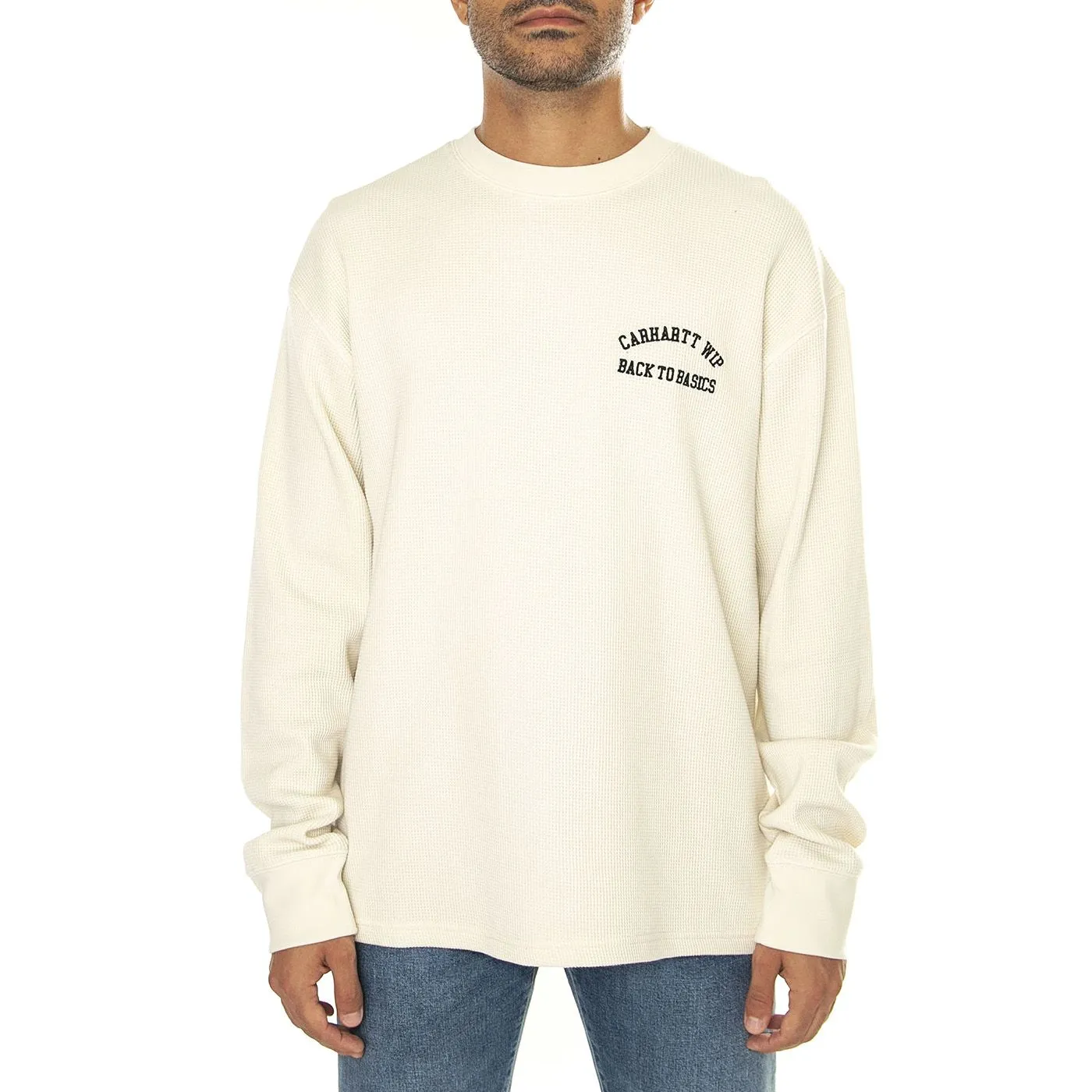 CARHARTT WIP L/S Basics Script T-Shirt Natural / Black - Maglietta Girocollo Maniche Lunghe Uomo Beige    