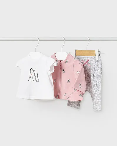 Completo tre pezzi composto da felpa rosa t-shirt bianca e pantalone in fantasia zebrata 4-12 mesi