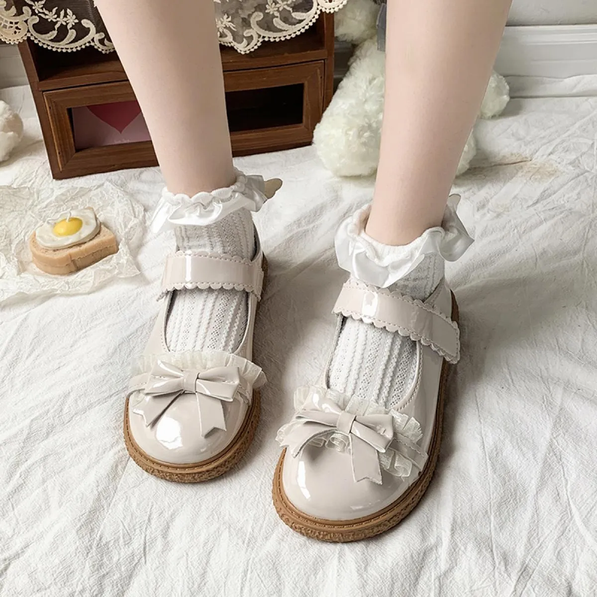 Dolce fiocco Mary Jane scarpe da donna in pelle verniciata tacchi bassi scarpe Lolita donna pizzo fondo spesso scarpe cosplay po