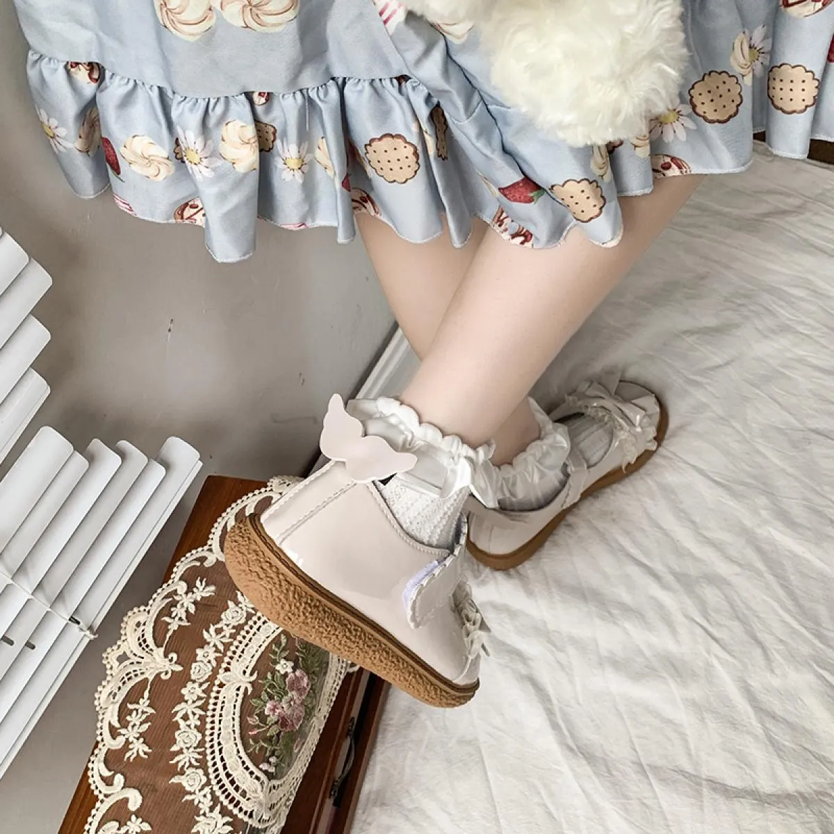 Dolce fiocco Mary Jane scarpe da donna in pelle verniciata tacchi bassi scarpe Lolita donna pizzo fondo spesso scarpe cosplay po