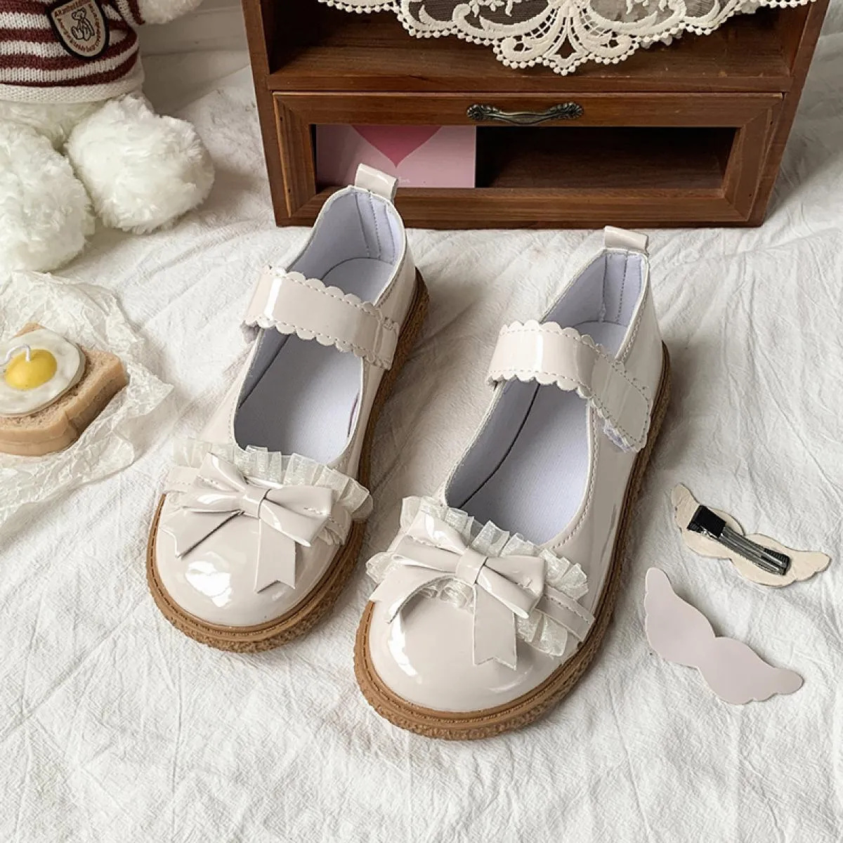 Dolce fiocco Mary Jane scarpe da donna in pelle verniciata tacchi bassi scarpe Lolita donna pizzo fondo spesso scarpe cosplay po