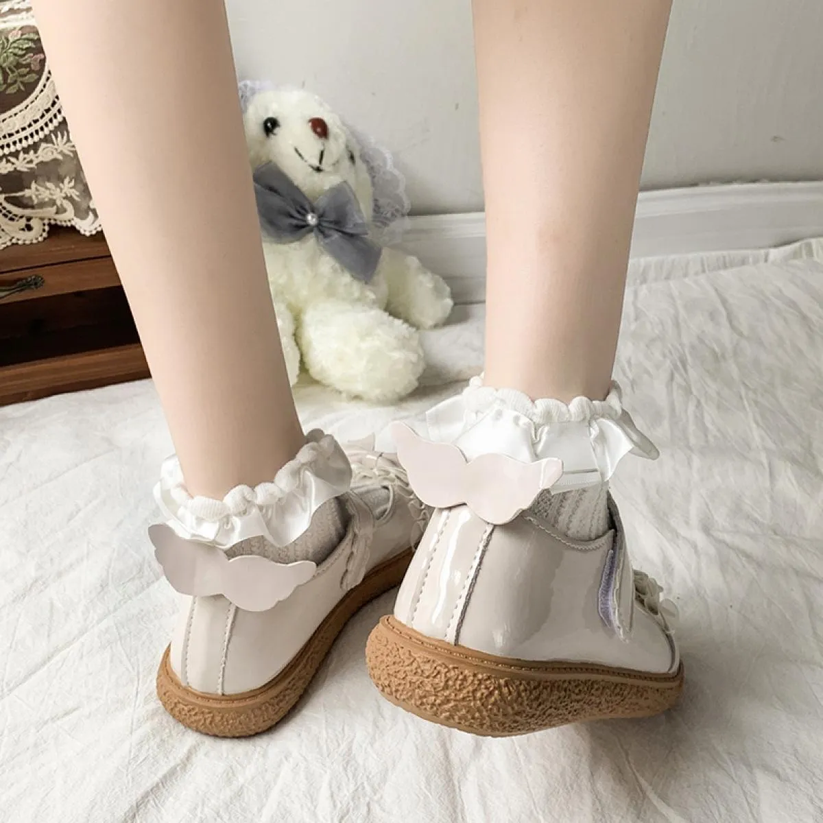 Dolce fiocco Mary Jane scarpe da donna in pelle verniciata tacchi bassi scarpe Lolita donna pizzo fondo spesso scarpe cosplay po