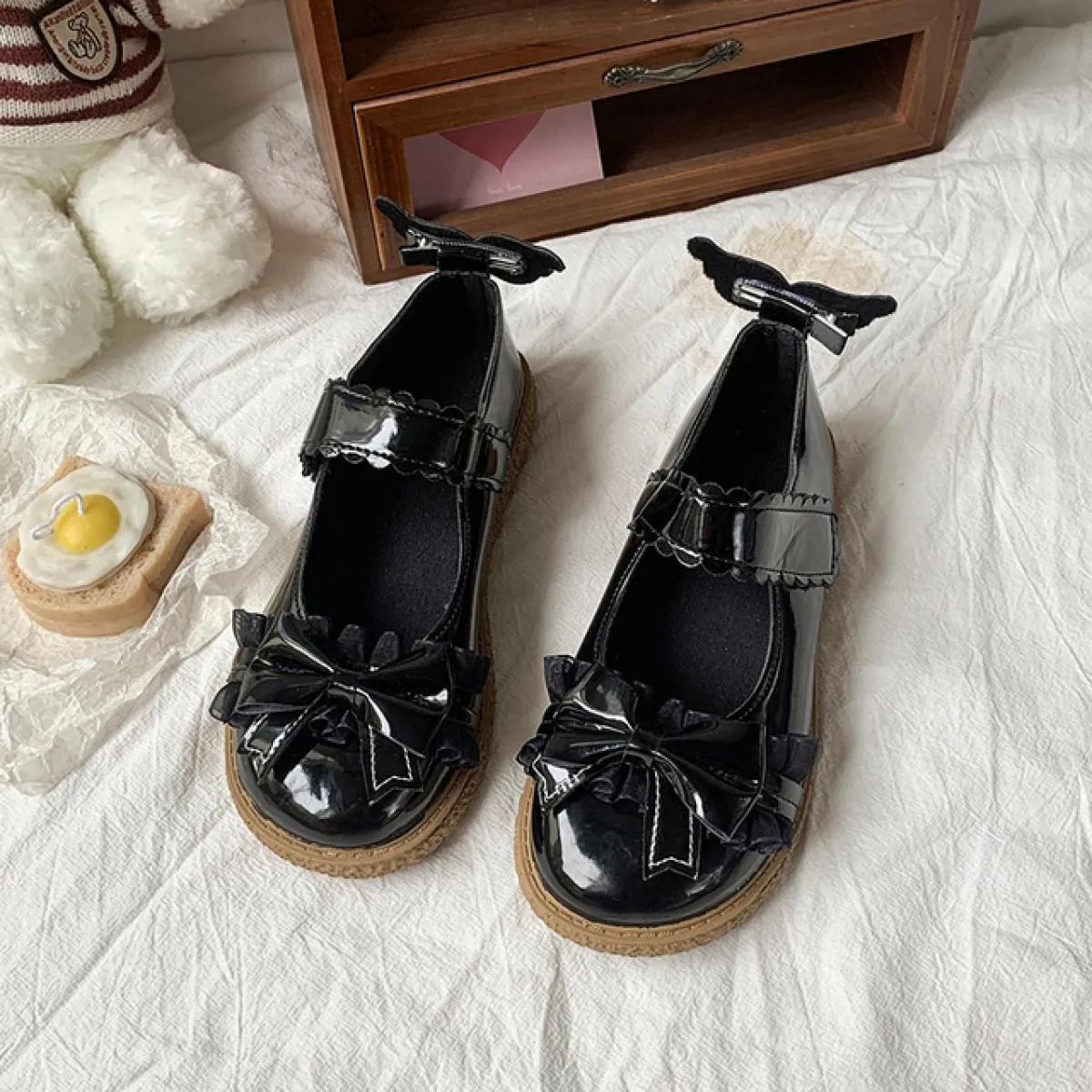 Dolce fiocco Mary Jane scarpe da donna in pelle verniciata tacchi bassi scarpe Lolita donna pizzo fondo spesso scarpe cosplay po