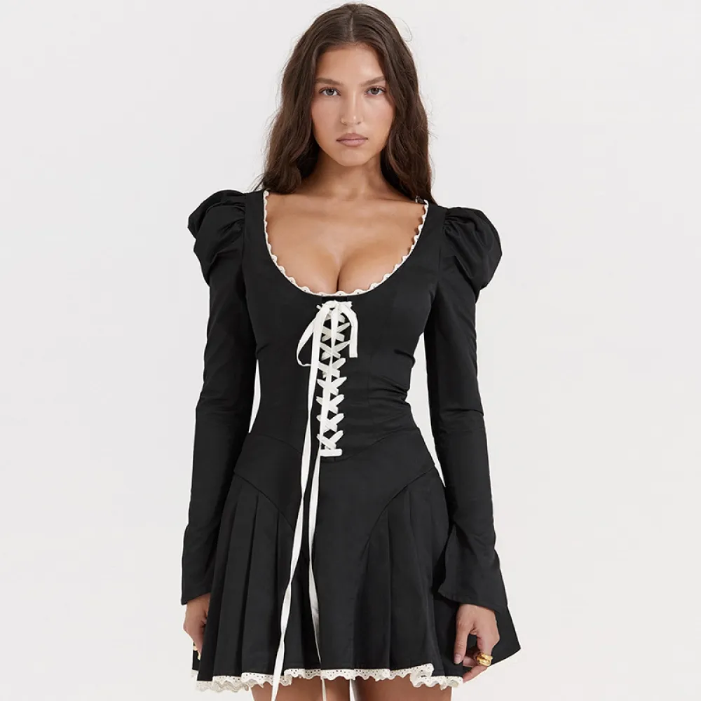 E abbigliamento 2023 autunno e inverno nuova moda a maniche lunghe con scollo a U cravatta corda vita stretta gonna corta ombrel