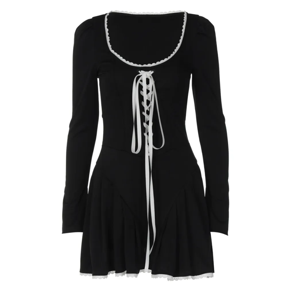 E abbigliamento 2023 autunno e inverno nuova moda a maniche lunghe con scollo a U cravatta corda vita stretta gonna corta ombrel