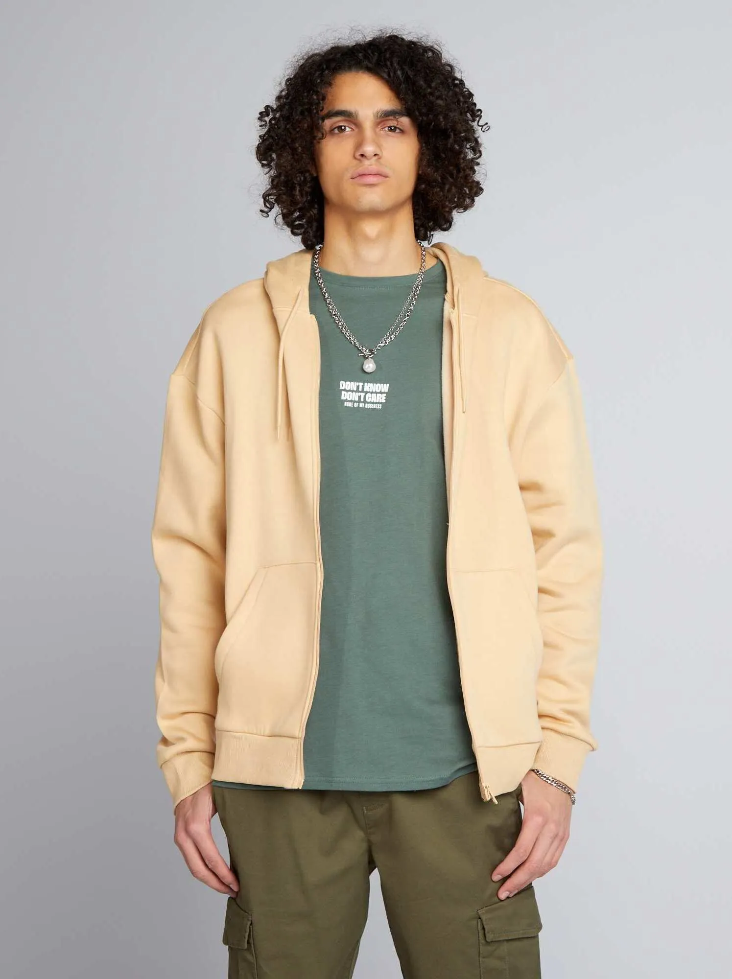 Felpa con zip e cappuccio - BEIGE