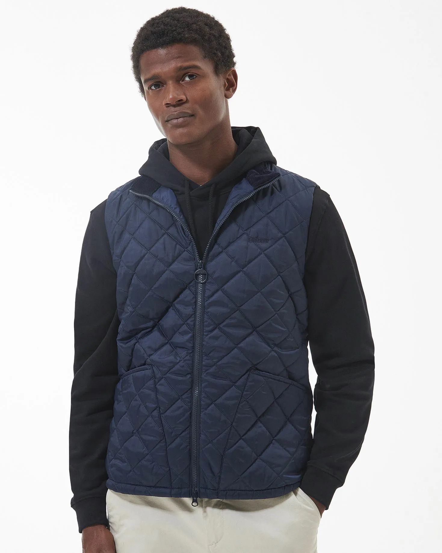Gilet Monty blu trapuntato a rombi con colletto in velluto