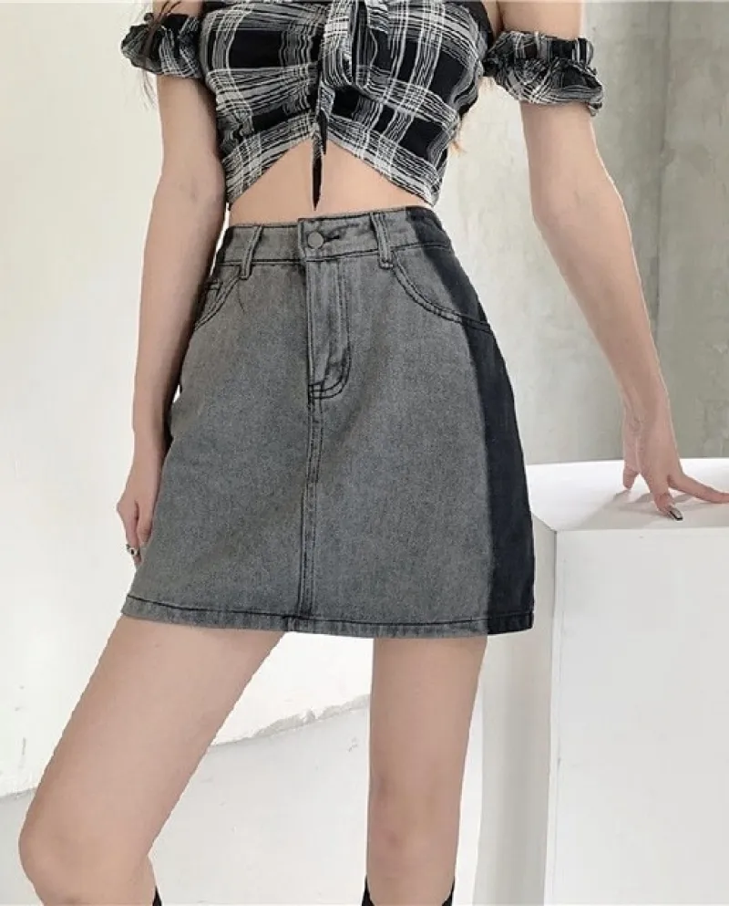 Gonna A Vita alta A Line Abbigliamento Donna Estate 2022 New All Match Gradient Fashion Colore di Contrasto Denim Gonne Che Dima