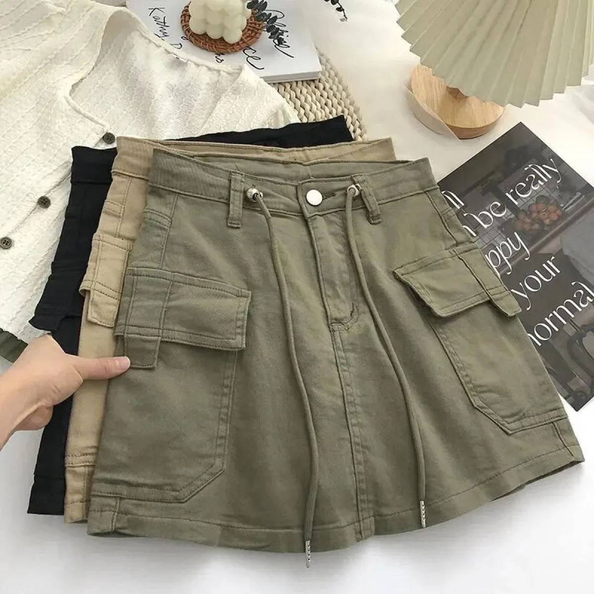 Gonna cargo corta verde militare donna mini gonne a vita alta con coulisse femminile  streetwear grande tasca Aline gonne De