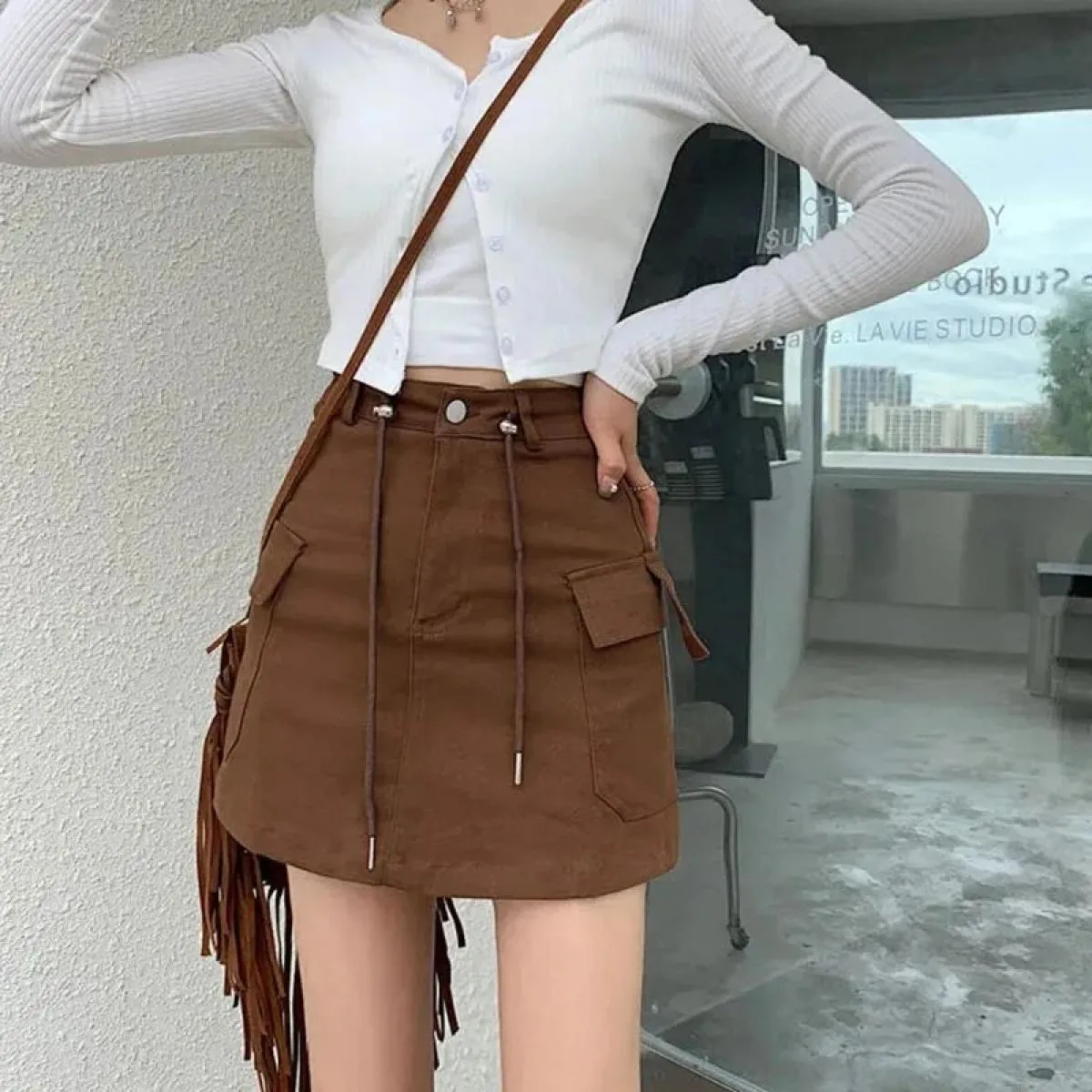 Gonna cargo corta verde militare donna mini gonne a vita alta con coulisse femminile  streetwear grande tasca Aline gonne De