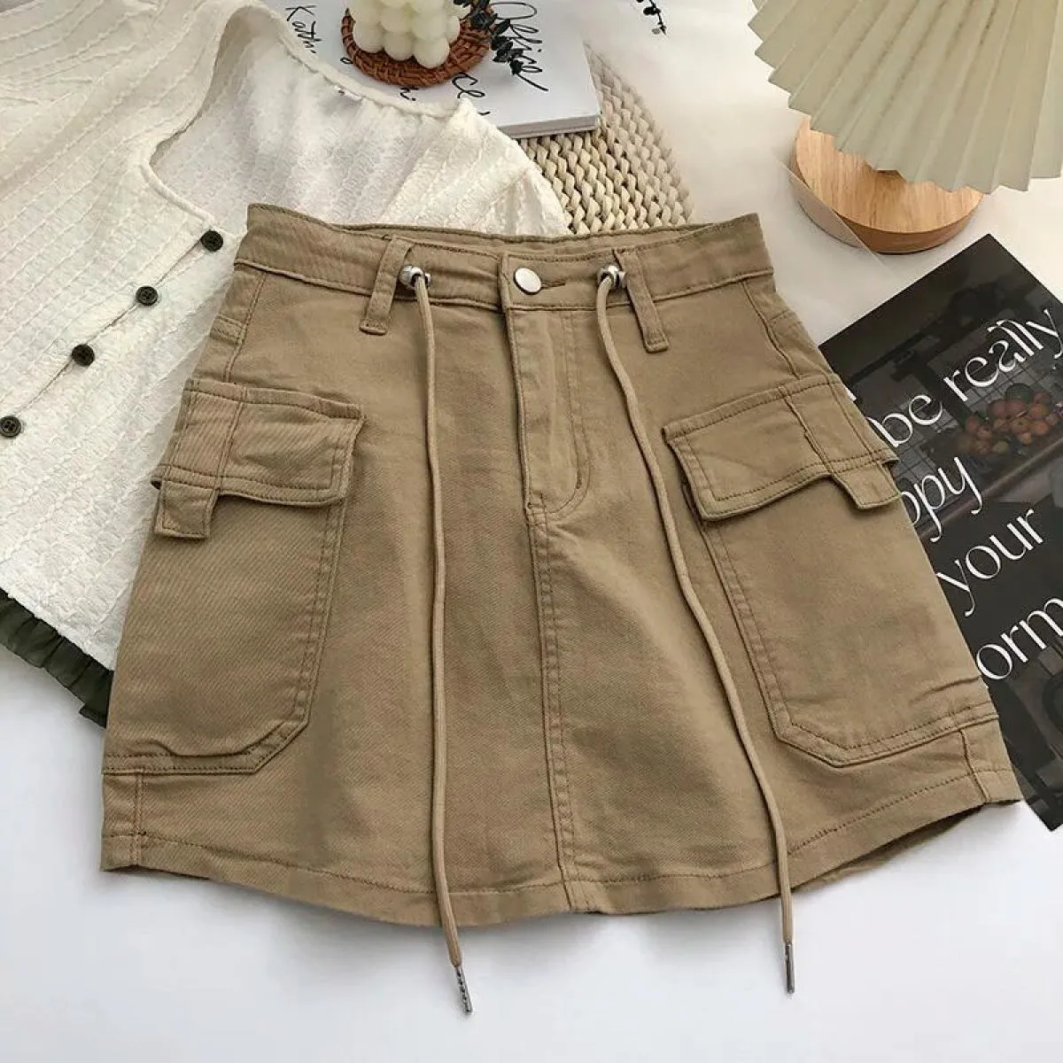 Gonna cargo corta verde militare donna mini gonne a vita alta con coulisse femminile  streetwear grande tasca Aline gonne De