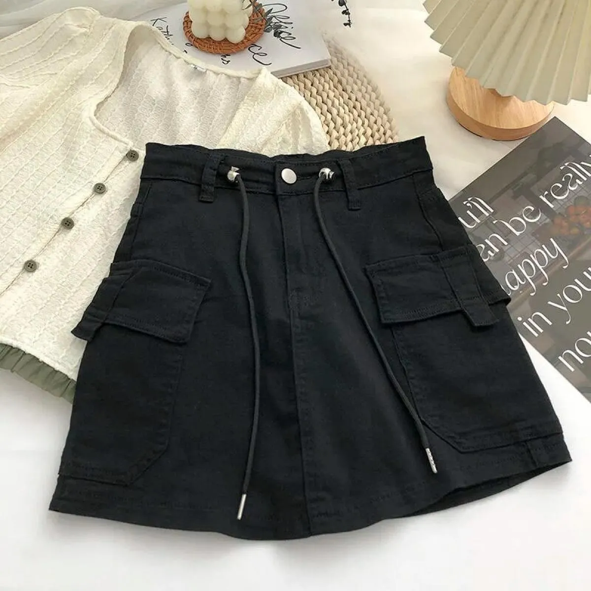 Gonna cargo corta verde militare donna mini gonne a vita alta con coulisse femminile  streetwear grande tasca Aline gonne De