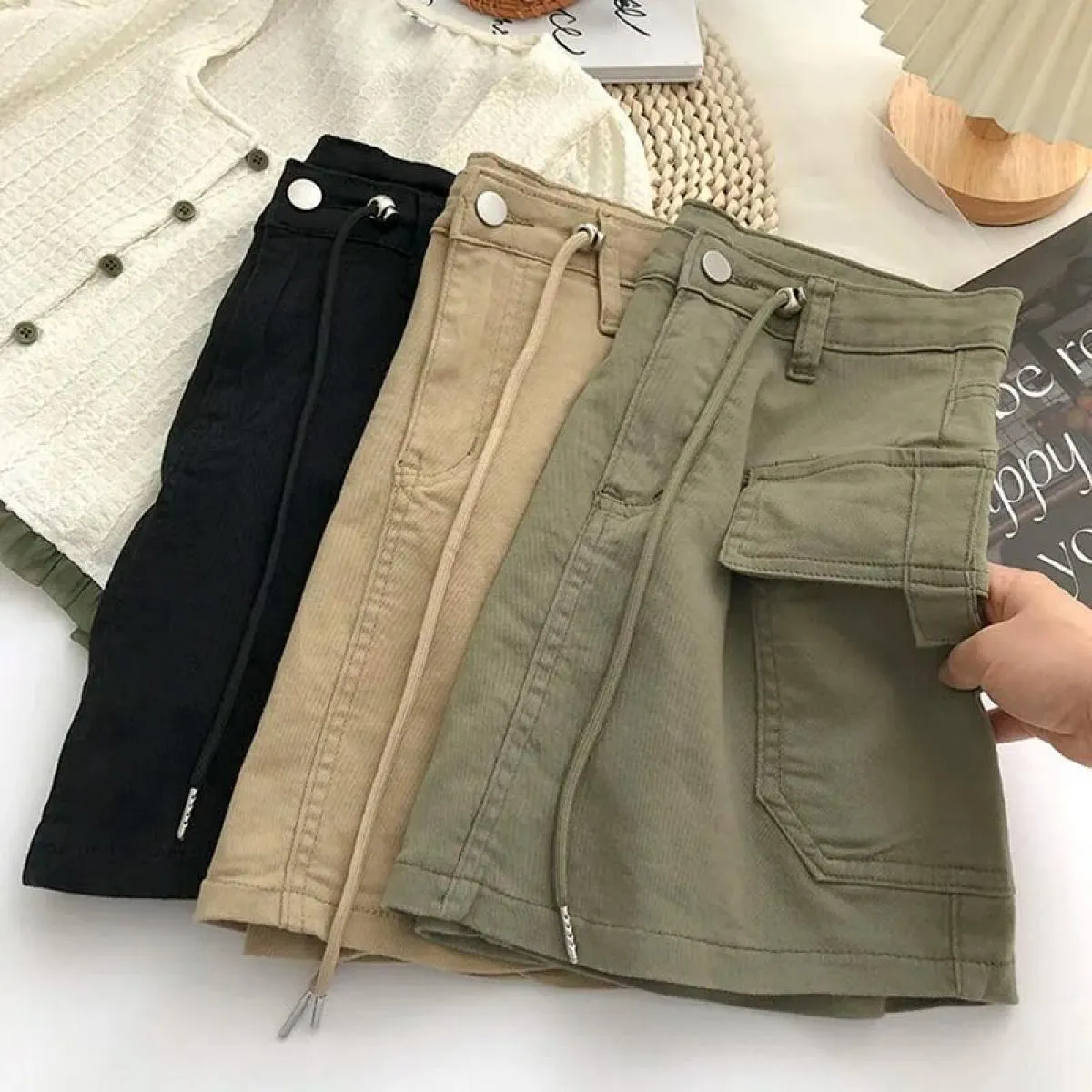 Gonna cargo corta verde militare donna mini gonne a vita alta con coulisse femminile  streetwear grande tasca Aline gonne De