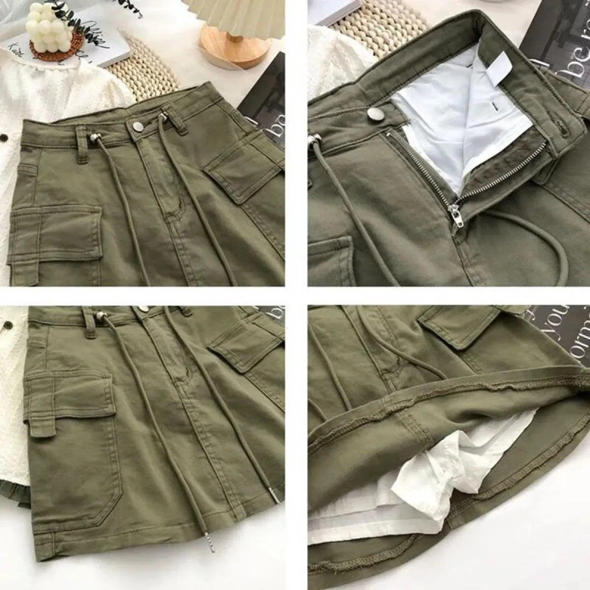 Gonna cargo corta verde militare donna mini gonne a vita alta con coulisse femminile  streetwear grande tasca Aline gonne De